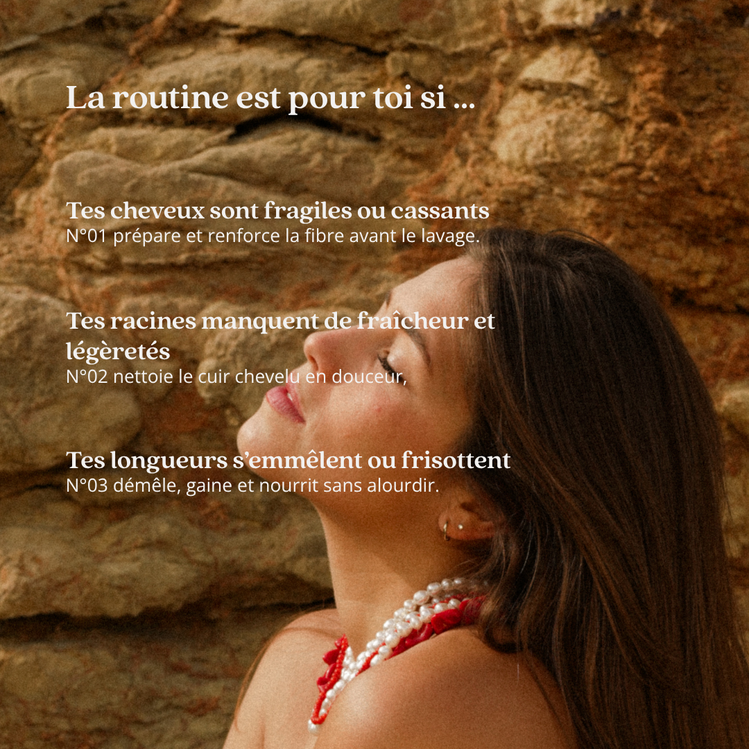 Routine ALGAÉE pour les cheveux fragiles, les racines grasses et les longueurs emmêlées.