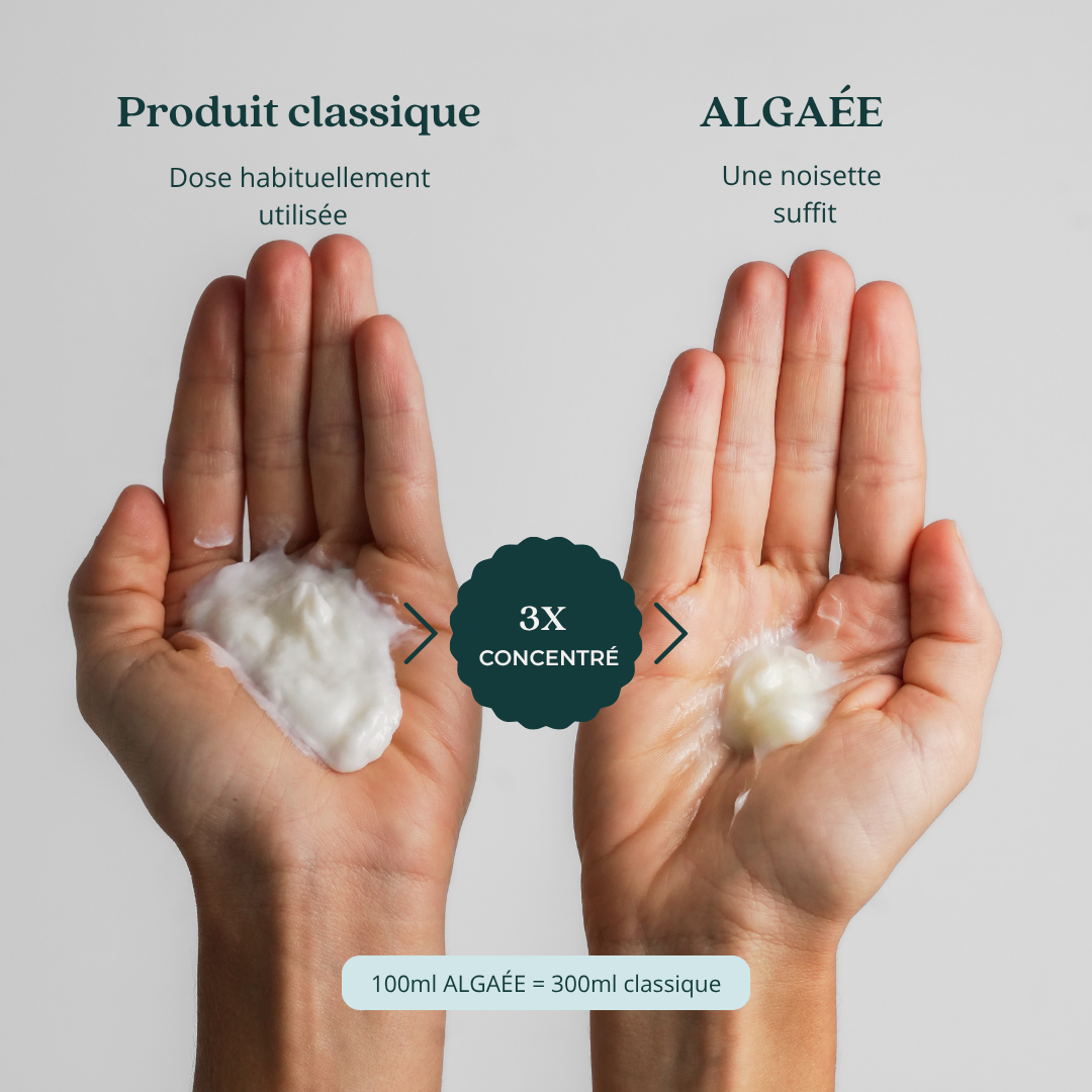 Comparaison de la dose des soins ALGAÉE 3 fois concentrés avec des soins classiques.