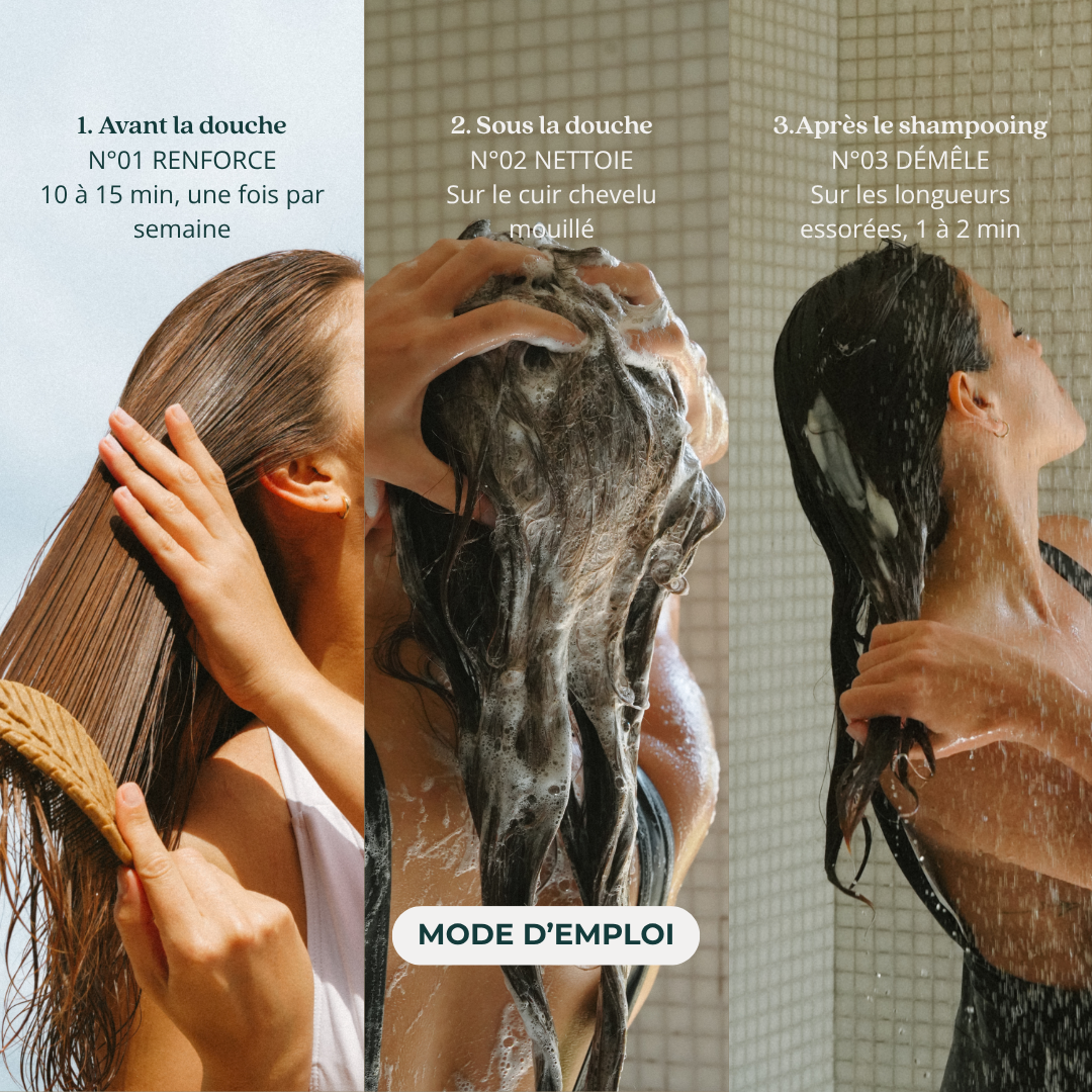 Mode d’emploi de la routine capillaire ALGAÉE avant, pendant et après le shampooing.