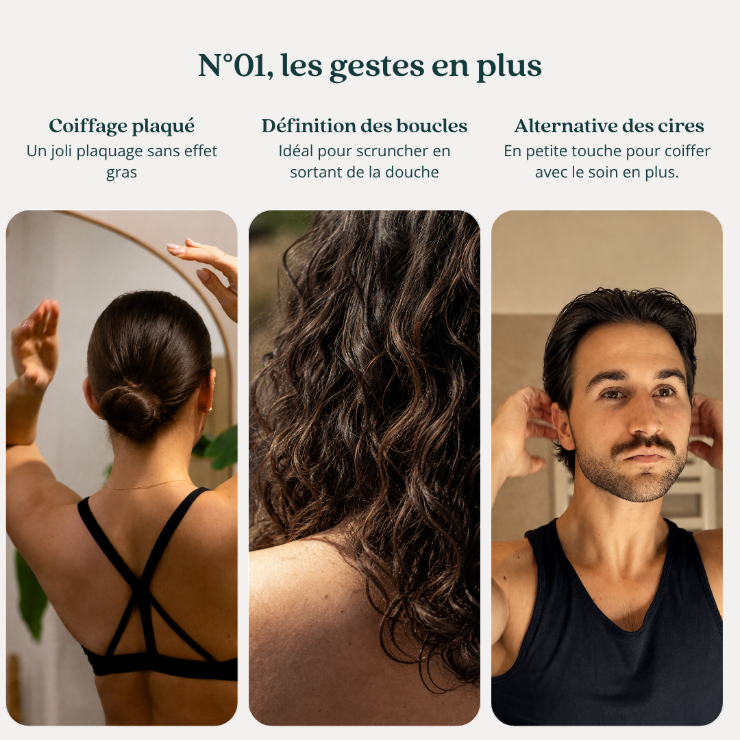 Usages du soin N°01 RENFORCE pour le coiffage plaqué, les boucles et les mèches.