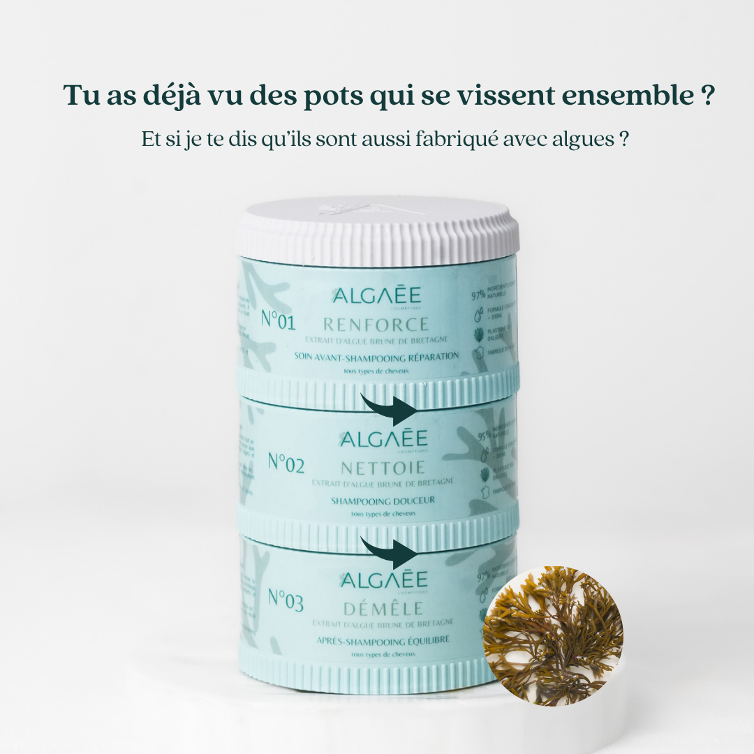 Pots ALGAÉE intégrant des algues bretonnes et conçus pour se visser ensemble.