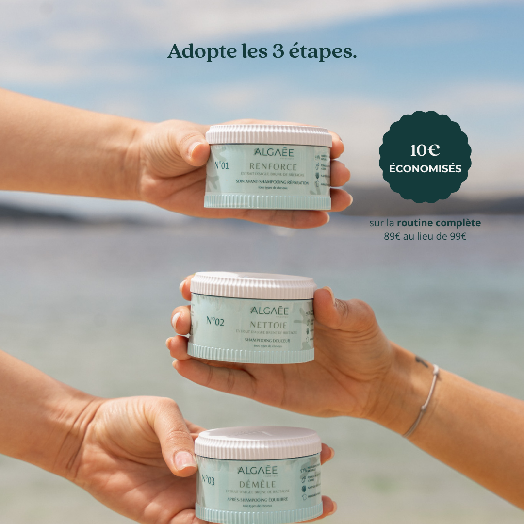 Routine capillaire complète ALGAÉE avec les soins N°01, N°02 et N°03.