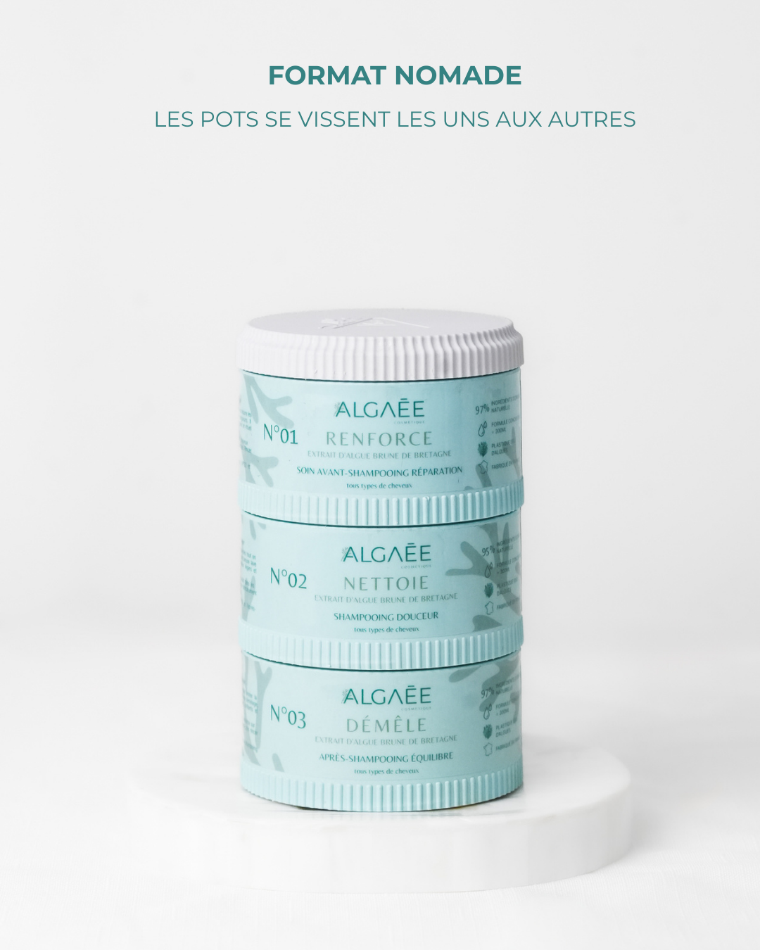 routine capillaire ALGAÉE aux algues avec  soin (masque), shampooing et après-shampooing. Aux propriétés : hydratante, régénérante, nourrissante, démêlante, anti-frisottis, contrôle du volume et définition des boucles