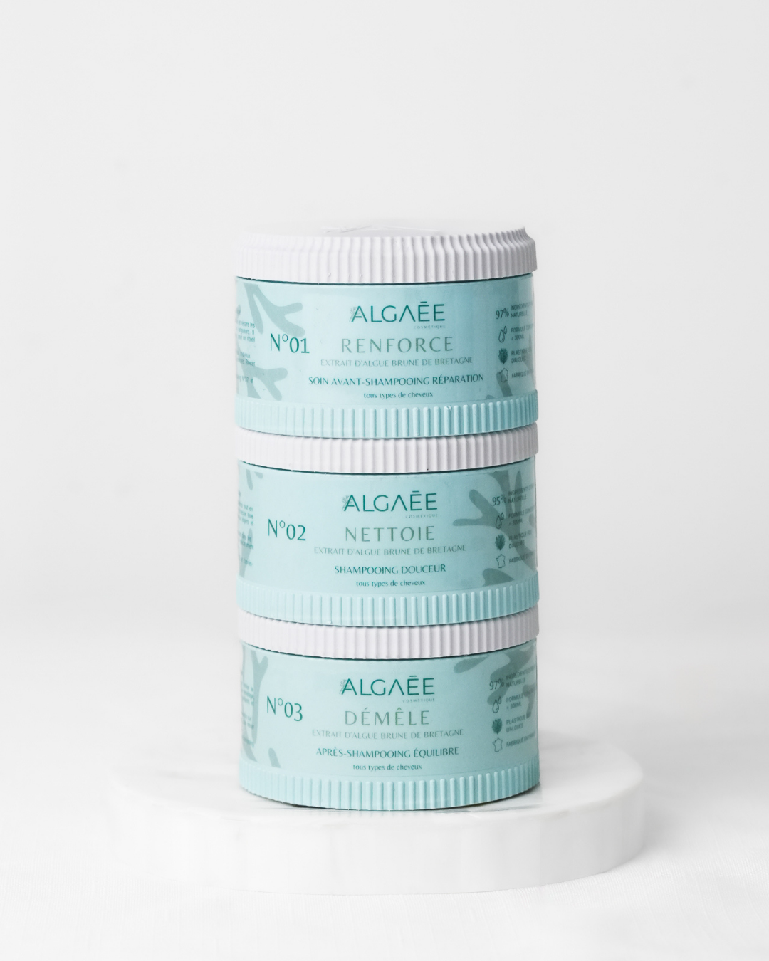 routine capillaire ALGAÉE aux algues avec  soin (masque), shampooing et après-shampooing. Aux propriétés : hydratante, régénérante, nourrissante, démêlante, anti-frisottis, contrôle du volume et définition des boucles